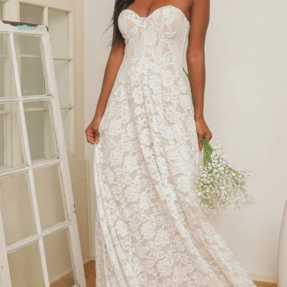 lulus white lace dress Mini - Lace Tube Dress - Strapless Lace Dress A high banded waist tops the sheer maxi skirt with a sexy thigh Eldoria White Lace Strapless Bustier